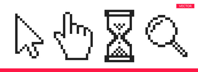 Leinwandbilder - Black and white arrow, hand, magnifierand hourglass pixel mouse cursor icons vector illustration set flat style design isolated on white background.
