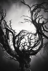 Wall Mural - bw big mystic halloween tree at night with fog