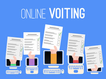 Online Voting In Self Isolation. Silhouettes Of A Computer, Laptop And Tablet With Rice Hand With Voting List On Blue Background. People Choice. Vector Postcard For Banners, Templates And Your Design.