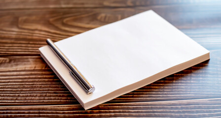 Poster - Close up Clean Bond Papers and Pen, with Copy Space for Texts, on Top of Brown Wooden Table.