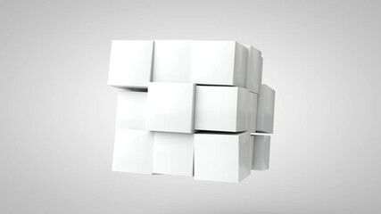 Poster - 3D animation of an abstract geometric composition of cubes that change size impulsively and interact with each other.