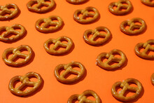 Flat Lay With Cracker Pretzels On Orange Background