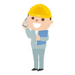 © yukimco - 男性の建設業者のイラスト。作業着とヘルメットを着用した男性が、携帯電話片手に連絡してるところ。