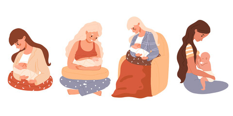 Wall Mural - Mother feeding her newborn baby. Breastfeeding positions set, with pillow, in chair, lotus pose. Woman feeds infant with breast. Breastfeeding week banner, happy mother's day clip art.