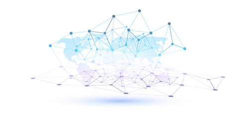 Poster - Abstract Blue and White Minimal Style Cloud Computing, Networks Structure, Telecommunications Concept Design, Network Connections, Transparent Geometric Mesh and World Map - Vector Illustration