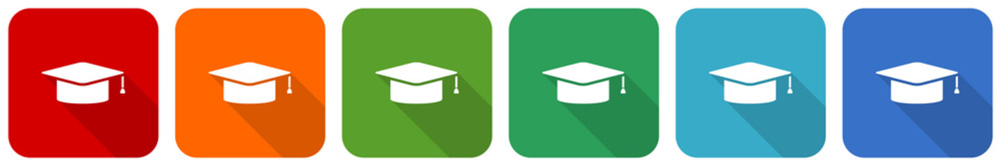 Poster - Graduation, cap, education icon set, flat design vector illustration in 6 colors options for webdesign and mobile applications