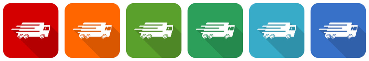 Fototapete - Speed transport, fast delivery, truck icon set, flat design vector illustration in 6 colors options for webdesign and mobile applications