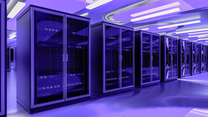 Server room data center. Backup, mining, hosting, mainframe, farm and computer rack with storage information. 3d render