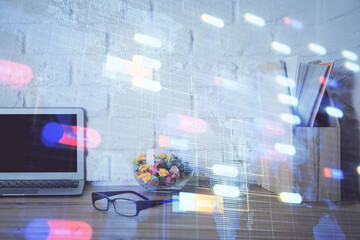 double exposure of desktop with personal computer on background and tech theme drawing. concept of d