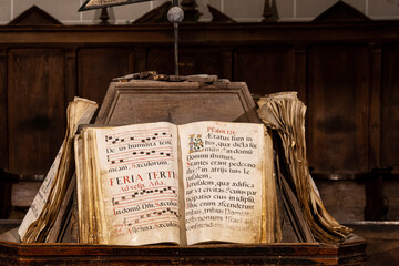 old book with lyrics and sheet music in the church