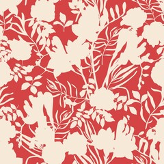 Wall Mural - Floral tropical pattern with leaves on a red background. Seamless vector for textiles