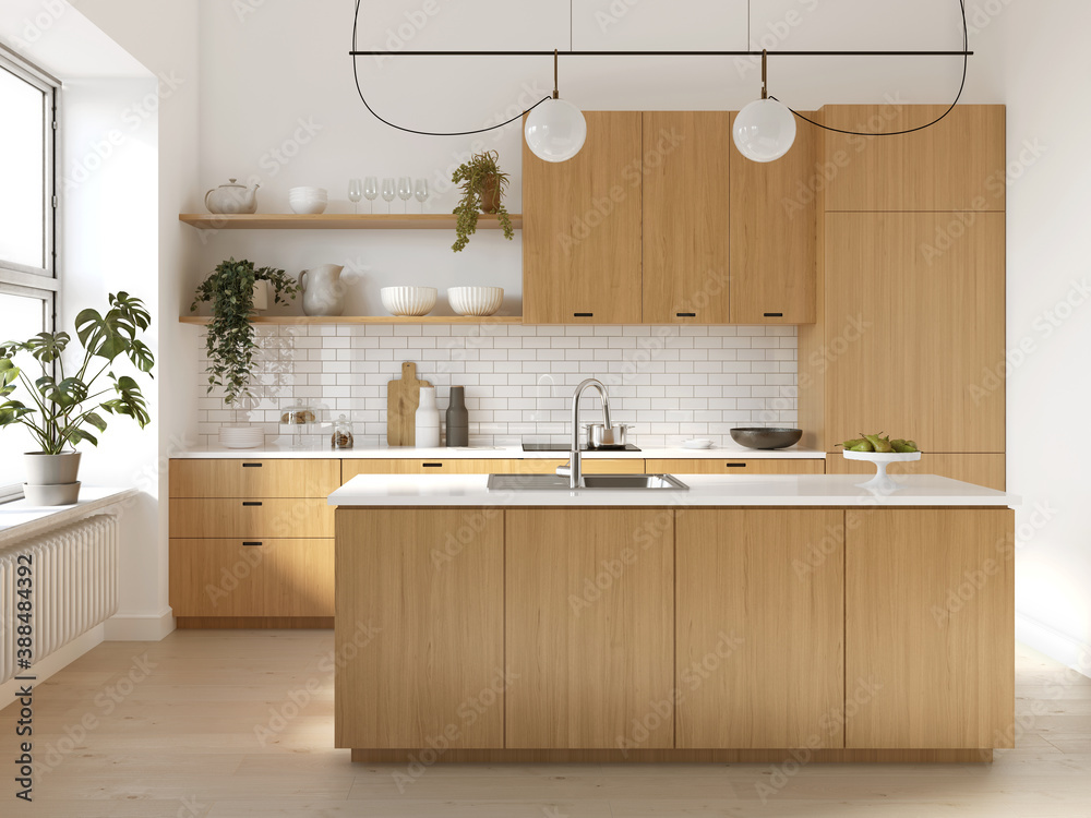 3d rendering of a wooden scandinavian kitchen with white bricks, an island and many plants
 - obrazy, fototapety, plakaty 