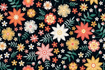 Wall Mural - Embroidery seamless pattern with colorful flowers in folk style. Print for fabric and textile. Embroidered fashion design.