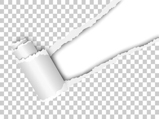 Wall Mural - Torn, snatched window placed diagonally from upper right corner in checkered transparent paper with paper curl. White background of the resulting hole. Template paper design.