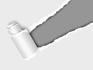Wall Mural - Torn, snatched window placed diagonally from upper right corner in white paper with paper curl. Dark gray background of the resulting hole. Vector template paper design.