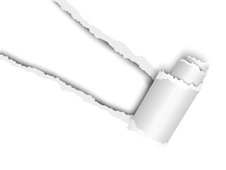 Wall Mural - Torn, snatched window placed diagonally from upper left corner in white paper with paper curl. White background of the resulting hole. Vector template paper design.