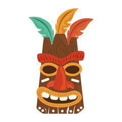 Wall Mural - tiki tribal wooden mask with feather isolated on white background