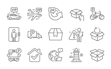 Poster - Bicycle parking, Truck parking and Lighthouse line icons set. Vip transfer, Open box and Return package signs. Vip flight, Hold box and Elevator symbols. 24 hours. Bike park, Free park. Vector