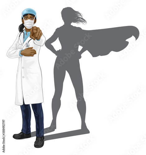 Fotomural A female doctor super hero woman with stethoscope and mask PPE