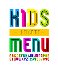 Poster - Cute bright font, alphabet in the cartoon style, multicolored bright letters and numbers, vector illustration