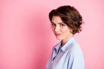 Closeup profile photo of attractive business lady smiling without teeth charming cute appearance self-confident successful person wear blue office shirt isolated pink pastel color background