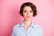 © deagreez - Closeup photo of attractive amazing pretty business lady good mood smiling without teeth charming cute appearance wear blue office shirt isolated pink pastel color background