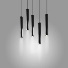 Hanging Pendant Long Tube Shaped Lamps. Modern Interior Light. Chandelier With Black Metal Cylindrical Lampshade. Realistic Vector Illustration