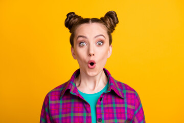 Sticker - Close-up portrait of her she nice attractive pretty funky cheerful cheery amazed girl wearing checked shirt great news pout lips isolated over bright vivid shine vibrant yellow color background