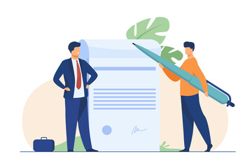 Poster - Business partners signing document. Tiny characters with pen, paper with signature and seal flat vector illustration. Paperwork, cooperation concept for banner, website design or landing web page