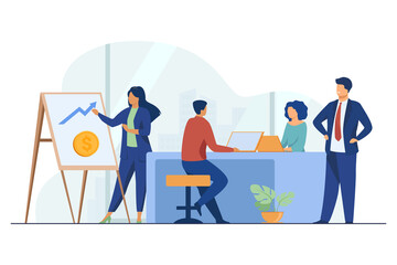Poster - Marketing professional presenting financial chart to boss. Business team working in office flat vector illustration. Business, project management concept for banner, website design or landing web page