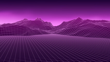 Poster - Vector wireframe 3d retro landscape. Technology grid illustration. Network of connected dots and lines on dark background.