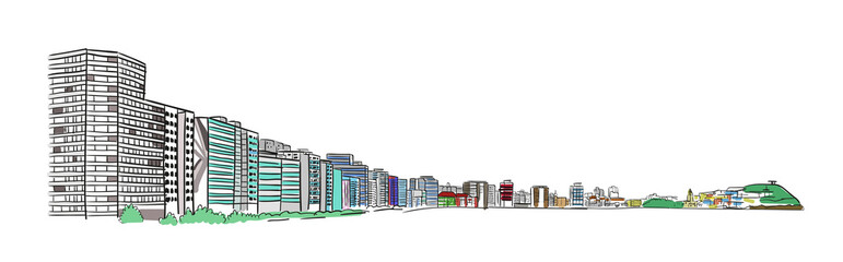 San Lorenzo beach buildings cityscape. Gijón, Asturias, Spain. Colorful hand drawn style vector illustration.