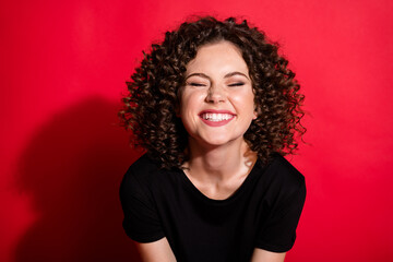 Poster - Close-up portrait of charming glad cheerful wavy-haired girl laughing grinning teeth isolated over bright red color background