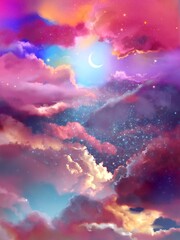 Wall Mural - Background of pink clouds and crescent moon in colorful night sky 