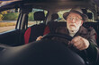 © deagreez - Photo of retired grandfather drive highway hold steering wheel wear brown coat headwear eyeglasses inside car
