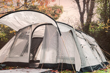 A Tent Pitched In Wet Autumn Weather Outdoors For A Staycation Camping Trip