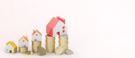 Paper Housing and gold coins Concept for property industry ladder.mortgage and real estate investment and copy space on Red background - 3d rendering