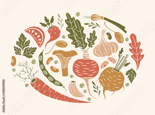 Photo vector card with vegetables and mushrooms