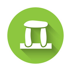 Sticker - White Stonehenge icon isolated with long shadow. Green circle button. Vector.