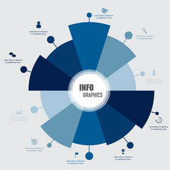 Fototapete - Modern blue infographics design in 10 steps of pie chart with business icons and text box, presentation and web template
