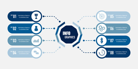 Fototapete - Modern blue infographics design with 8 options, business icons and text box, presentation and web template