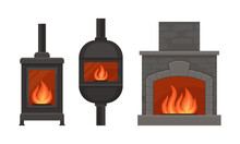 Metal And Stone Fireplace Or Hearth With Mantelpiece And Burning Fire Vector Set