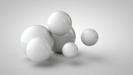 Poster - Abstract 3D animation of a gradient gray-white background and a group of white spheres of different sizes disappearing and appearing, changing size and jumping.