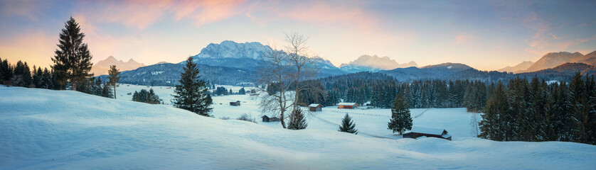 Wall Mural - dreamy winter landscape at buckelwiesen near krun mittenwald, bavarian alps at dawn