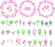 Summer elements. Phrase Summer is coming. Blossoming trees and flowers. Round frame. Template for your design, festive greeting cards,  announcements, posters.