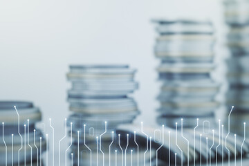 Poster - Abstract virtual micro chip hologram on coins background, artificial intelligence and machine learning concept. Multi exposure