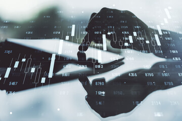 Poster - Multi exposure of abstract statistics data hologram interface and hand working with a digital tablet on background, computing and analytics concept