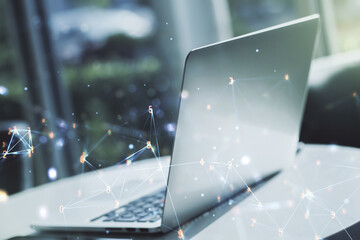Aufkleber - Double exposure of technology hologram on laptop background. Research and development software concept