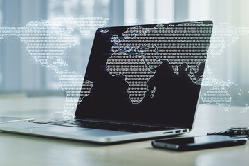 double exposure of abstract digital world map on computer background, big data and blockchain concep