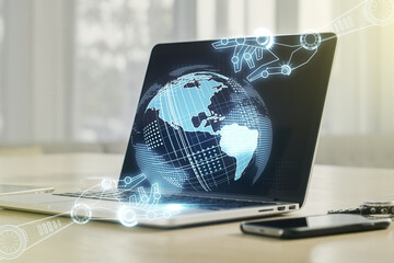 Poster - Creative concept of robotics technology with globe sketch on modern laptop background. Robot development and automation concept. Multiexposure